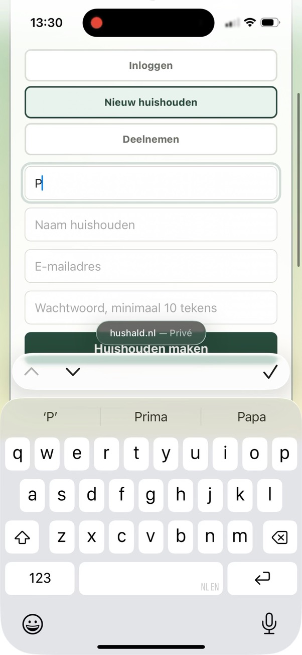 Het formulier om een nieuw huishouden te maken