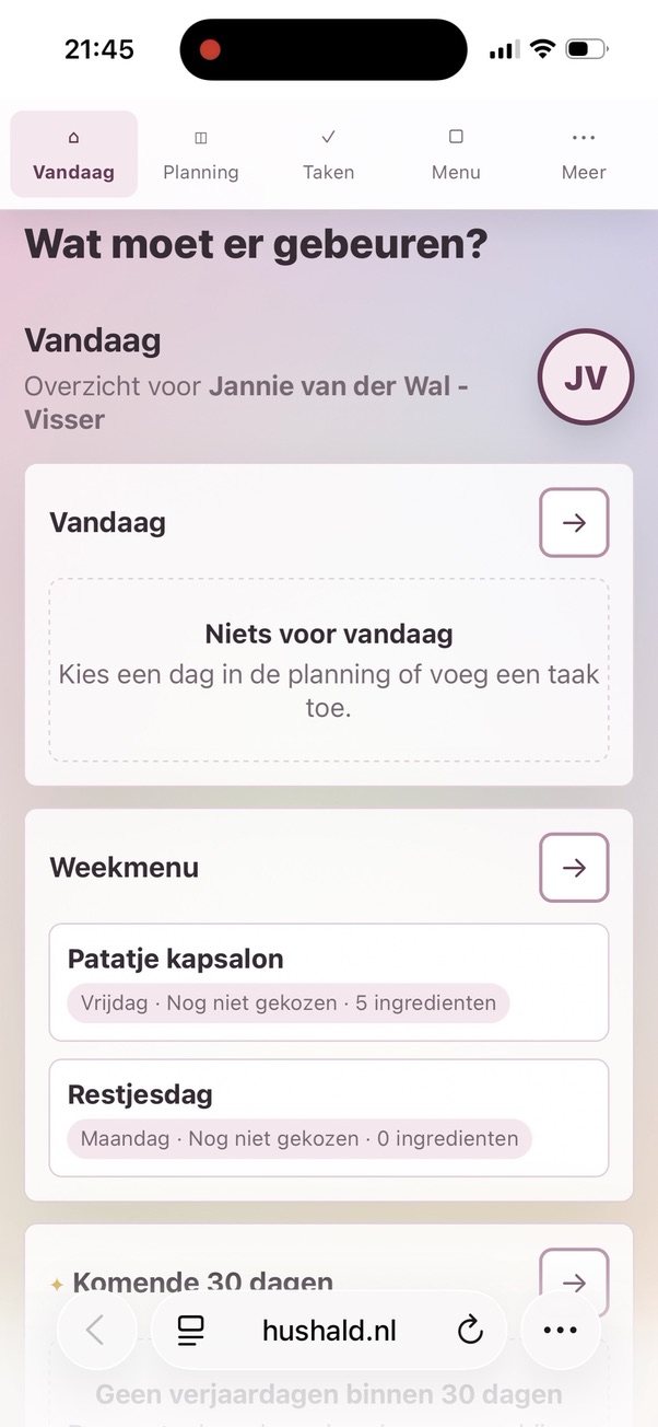 Het Vandaag-overzicht met taken en het weekmenu