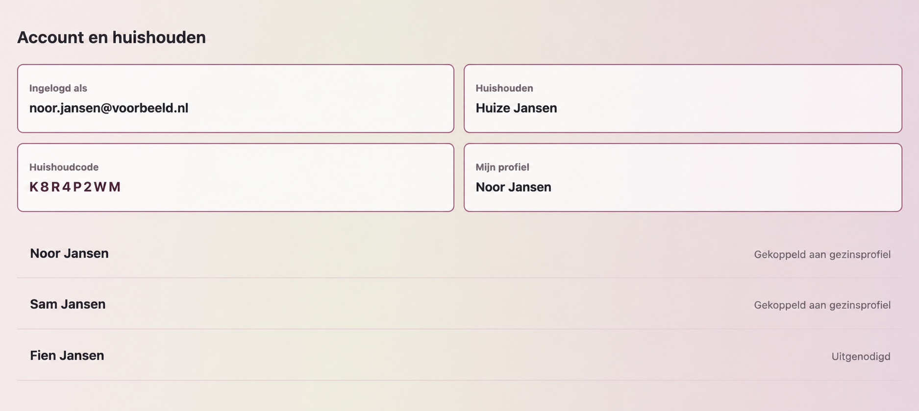 Het scherm Account en huishouden met een deelbare huishoudcode en fictieve gezinsleden